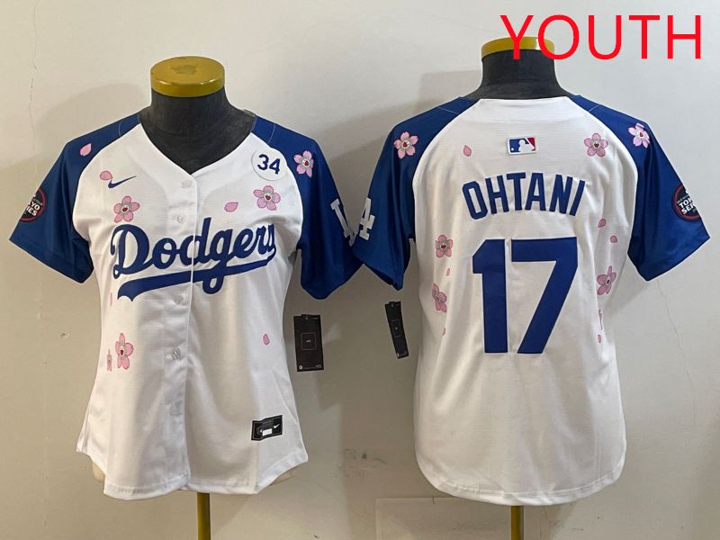 Youth Los Angeles Dodgers #17 Ohtani White Blue Sakura Edition 2025 Nike MLB Jersey style 4